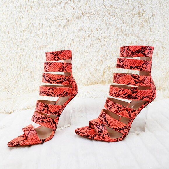 Coral Orange Snake Sexy  4" clear Wedge shoes - Picture 14 of 16